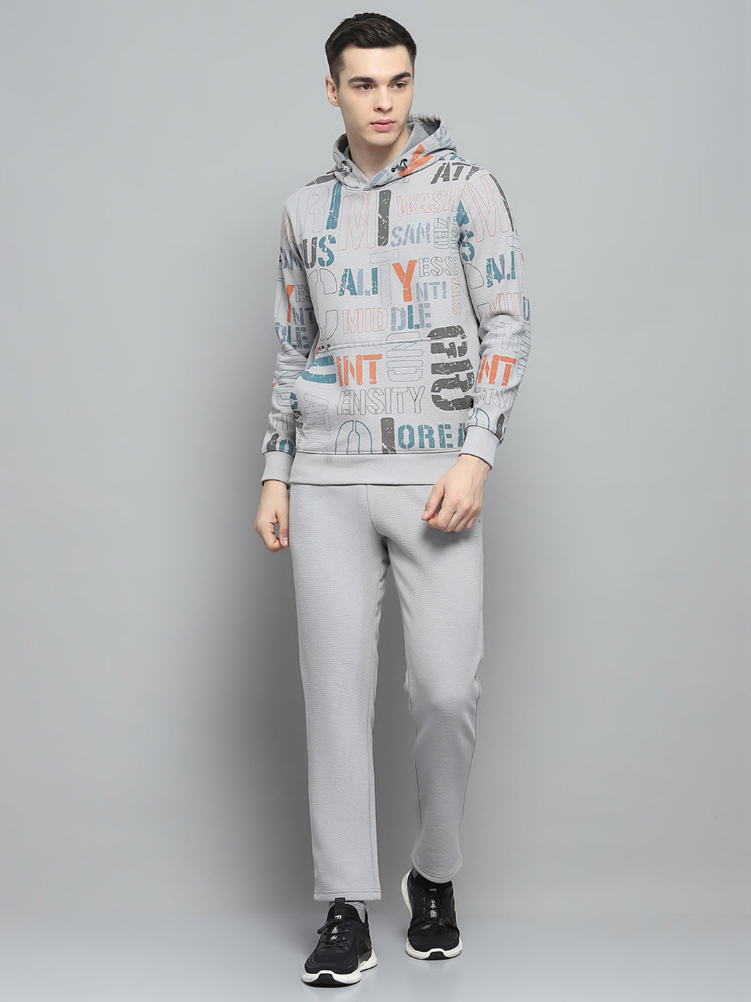 Men Grey Printed Hooded Full Sleeve Winter Tracksuit