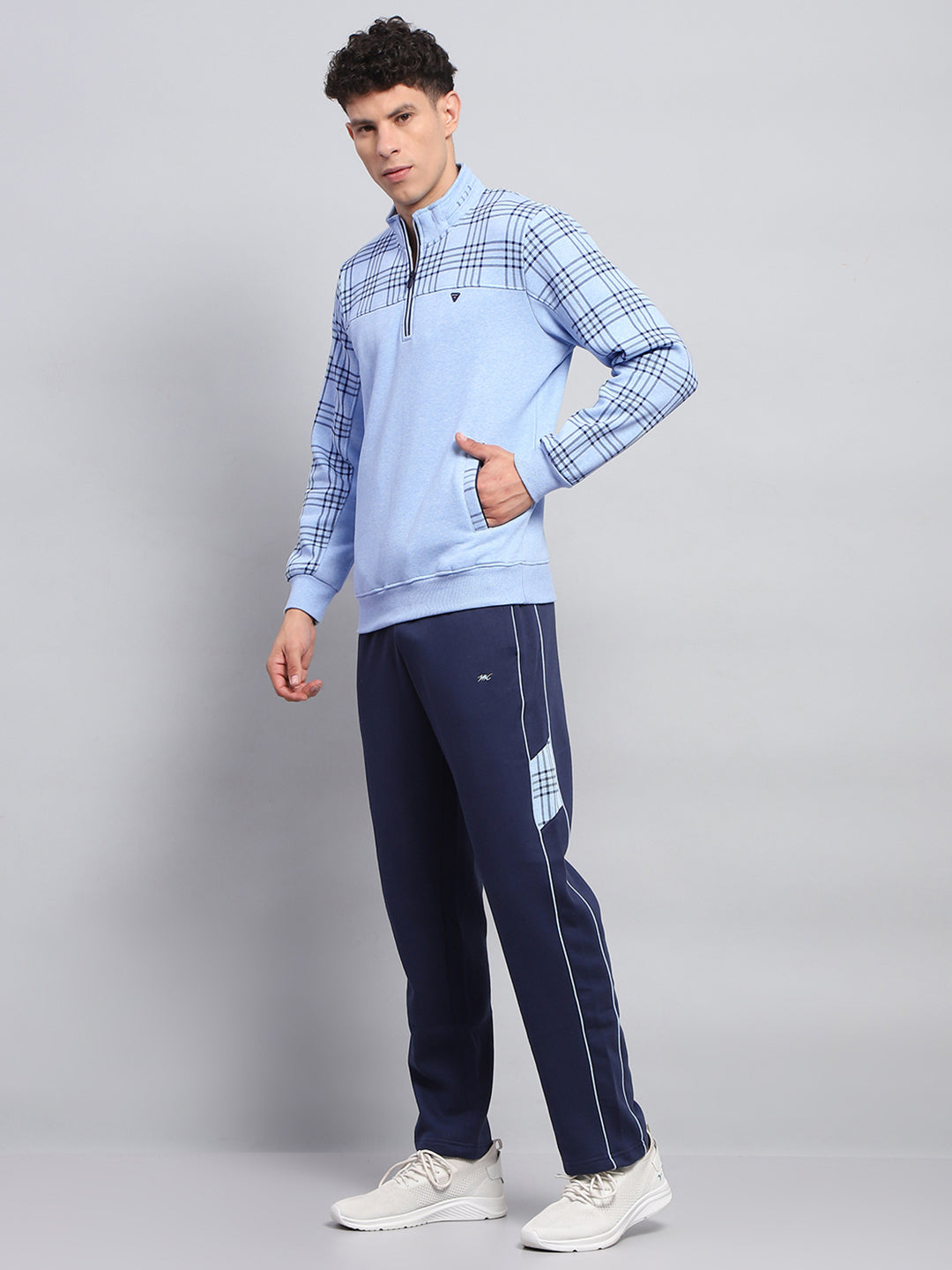 Men Blue Self Design Mock Neck Full Sleeve Winter Tracksuit