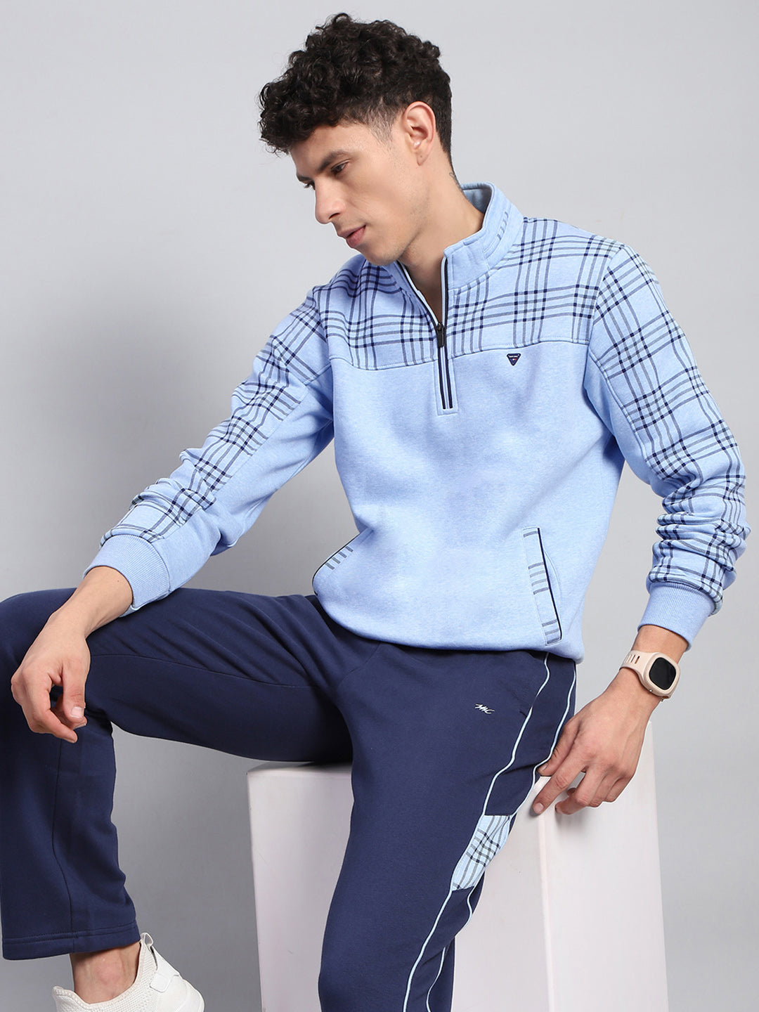 Men Blue Self Design Mock Neck Full Sleeve Winter Tracksuit