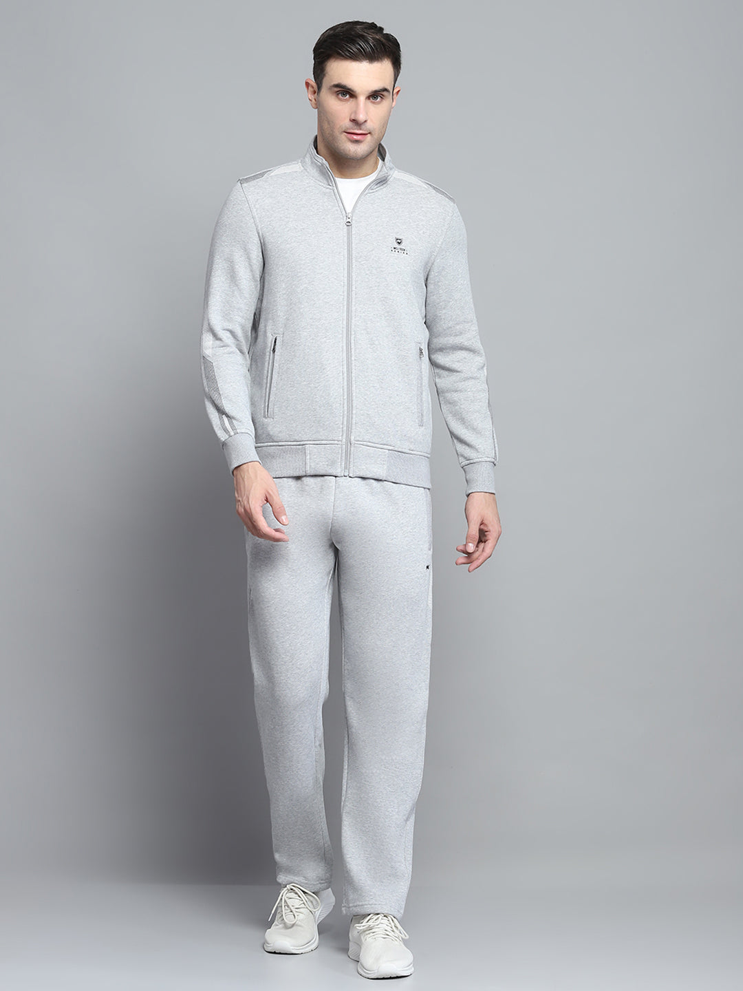 Men Grey Printed Mock Neck Full Sleeve Winter Tracksuit