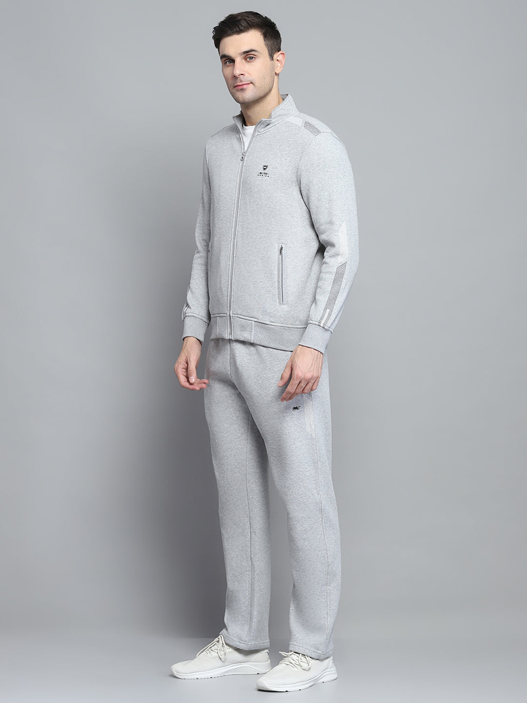 Men Grey Printed Mock Neck Full Sleeve Winter Tracksuit