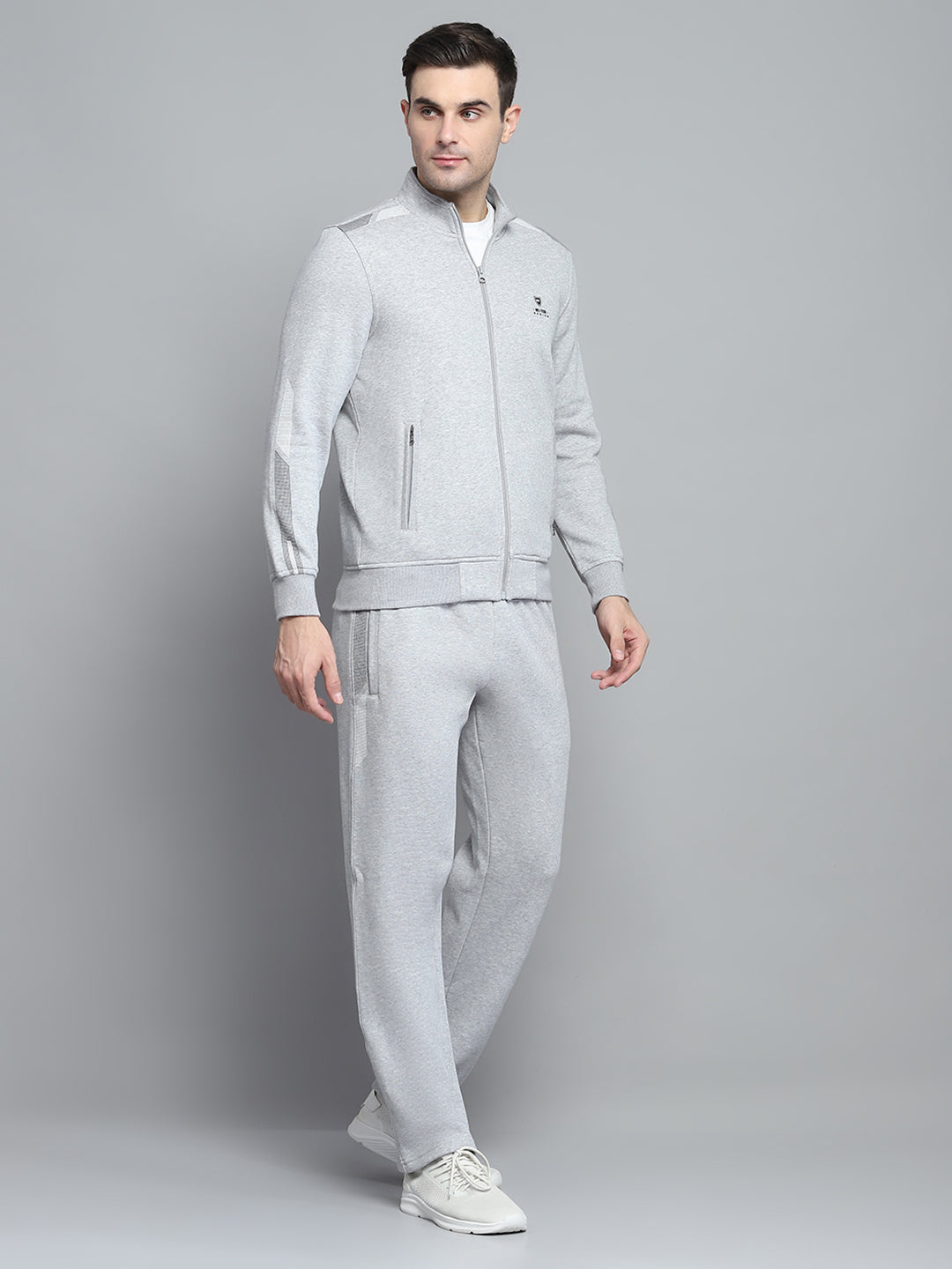 Men Grey Printed Mock Neck Full Sleeve Winter Tracksuit