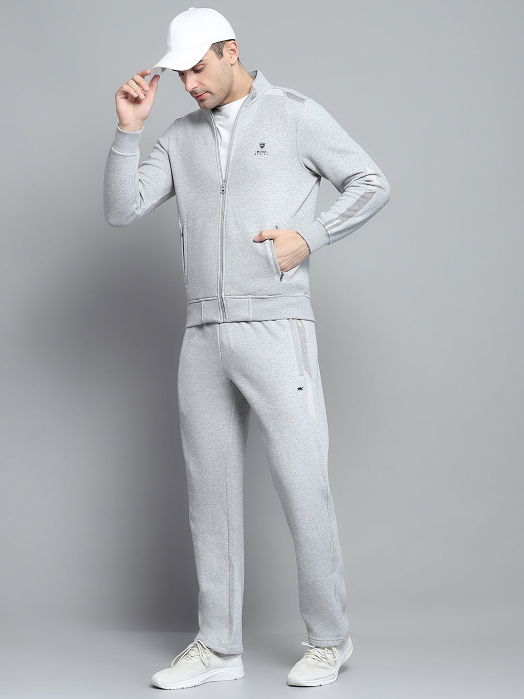 Men Grey Printed Mock Neck Full Sleeve Winter Tracksuit