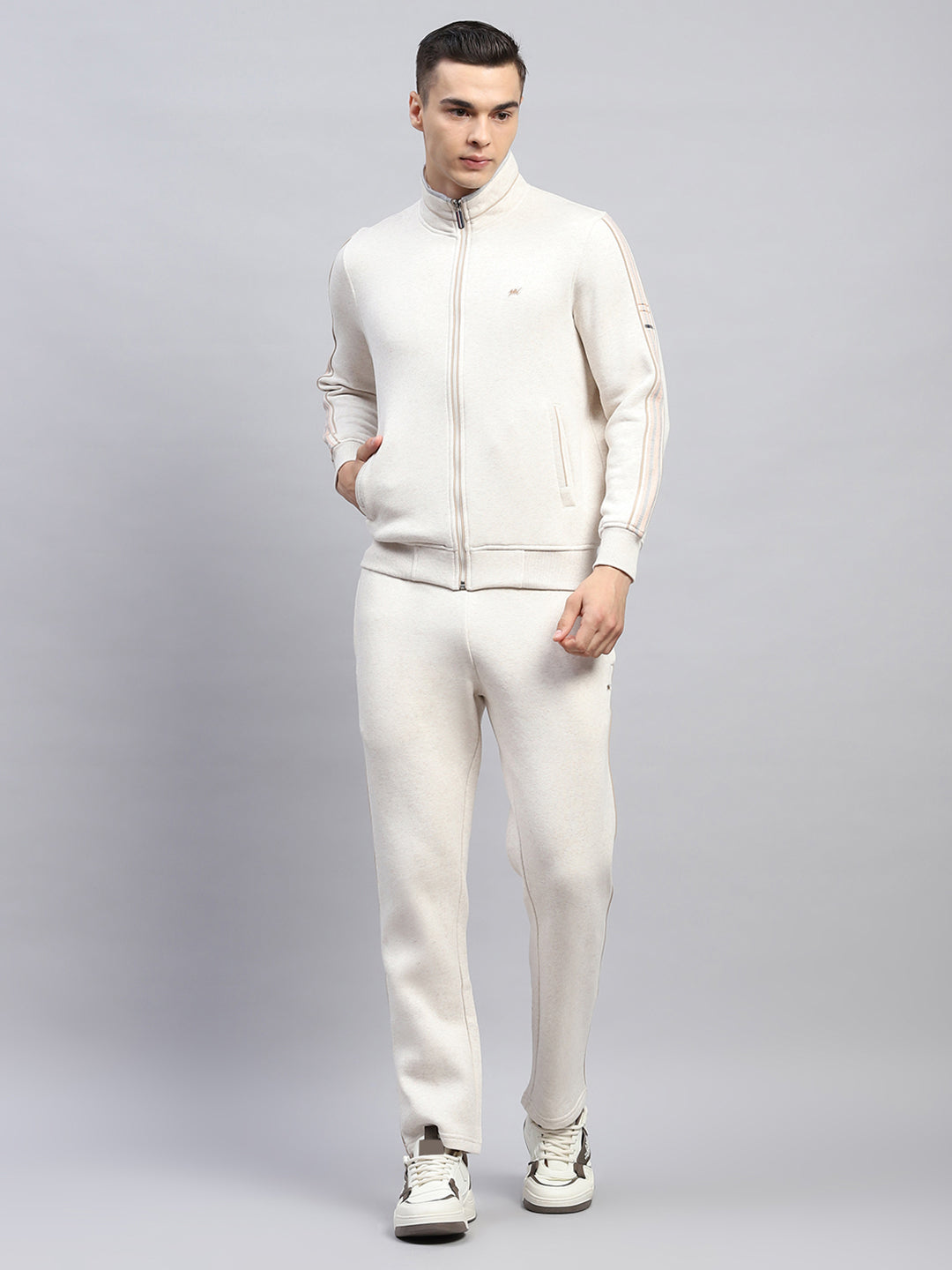 Men Cream Solid Mock Neck Full Sleeve Winter Tracksuit