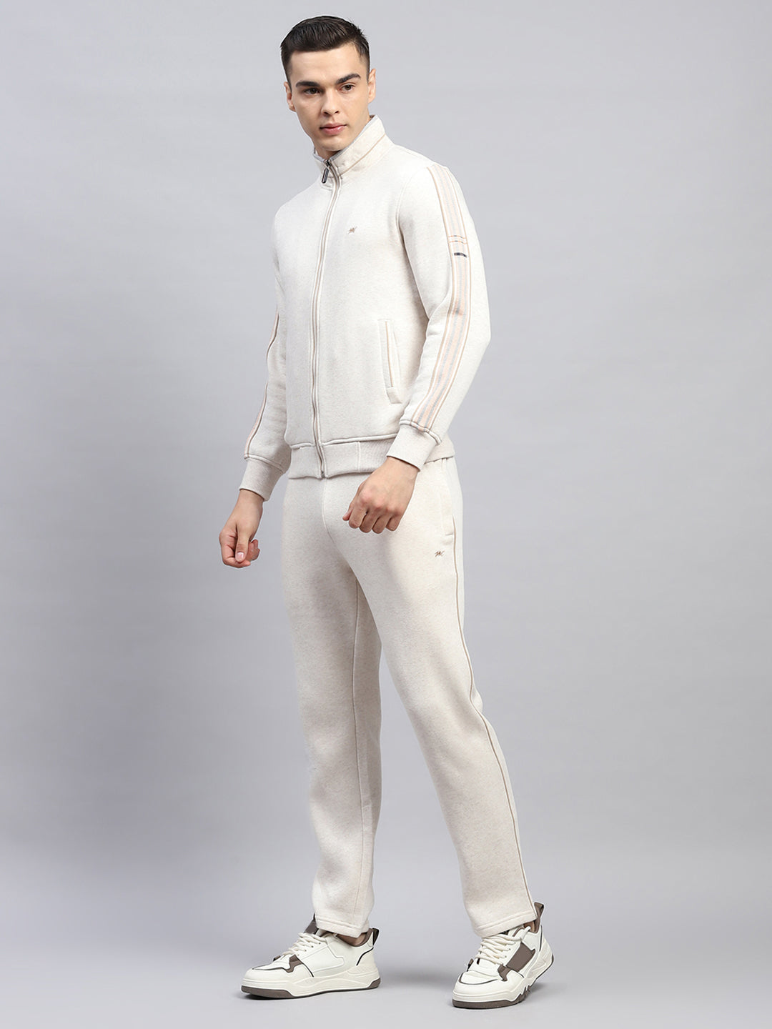 Men Cream Solid Mock Neck Full Sleeve Winter Tracksuit