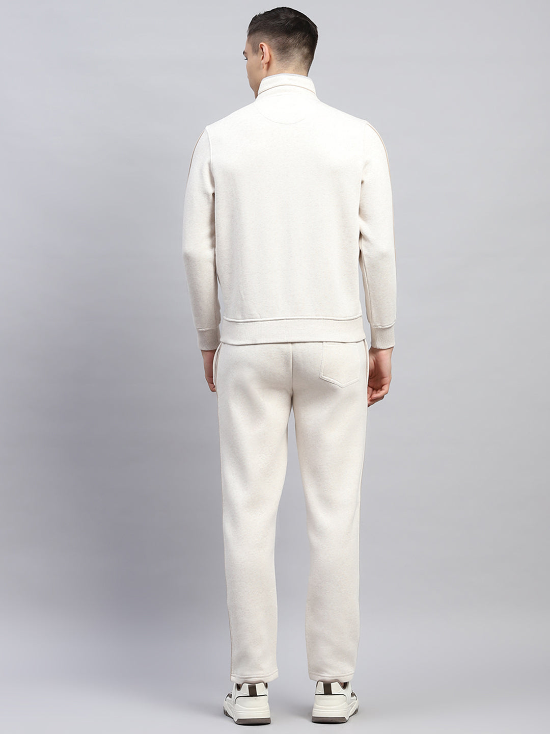 Men Cream Solid Mock Neck Full Sleeve Winter Tracksuit