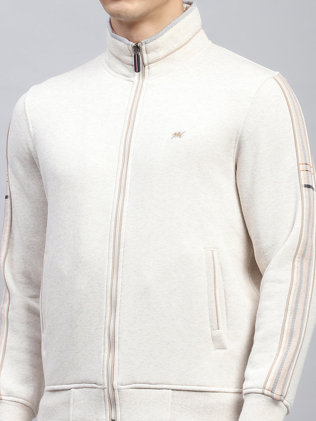 Men Cream Solid Mock Neck Full Sleeve Winter Tracksuit