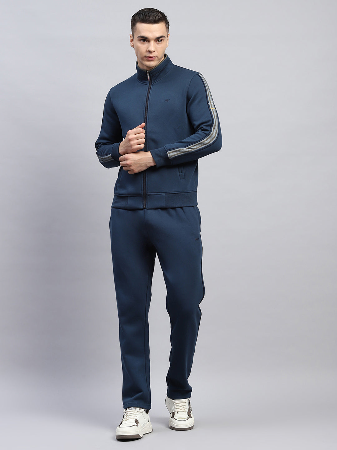 Men Navy Blue Solid Mock Neck Full Sleeve Winter Tracksuit