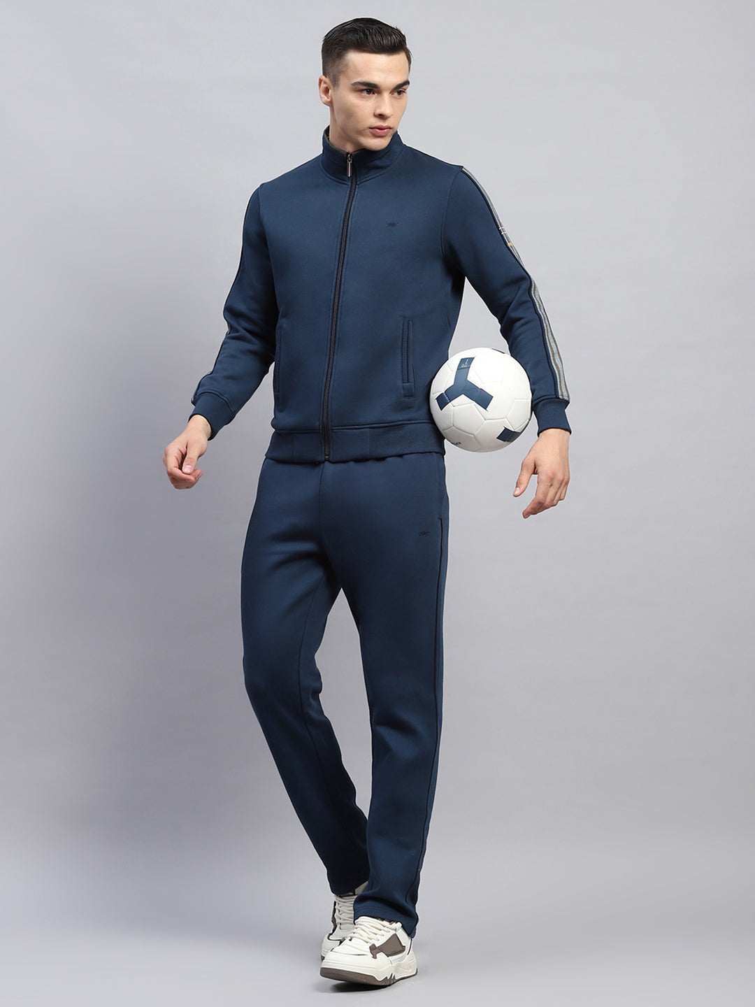 Men Navy Blue Solid Mock Neck Full Sleeve Winter Tracksuit