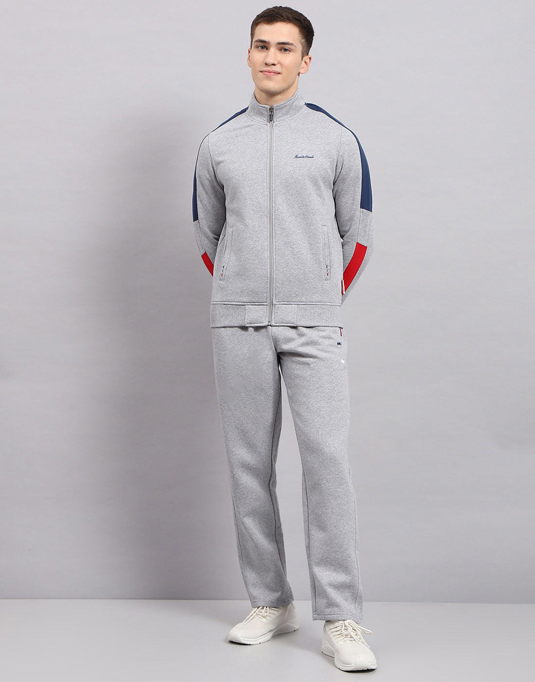 Men Grey Self Design Mock Neck Full Sleeve Winter Tracksuit