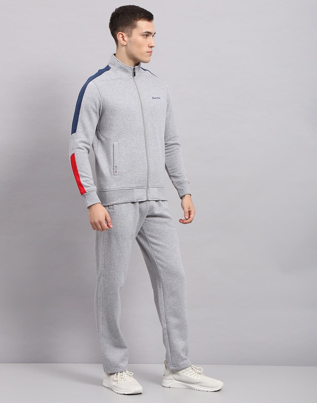 Men Grey Self Design Mock Neck Full Sleeve Winter Tracksuit