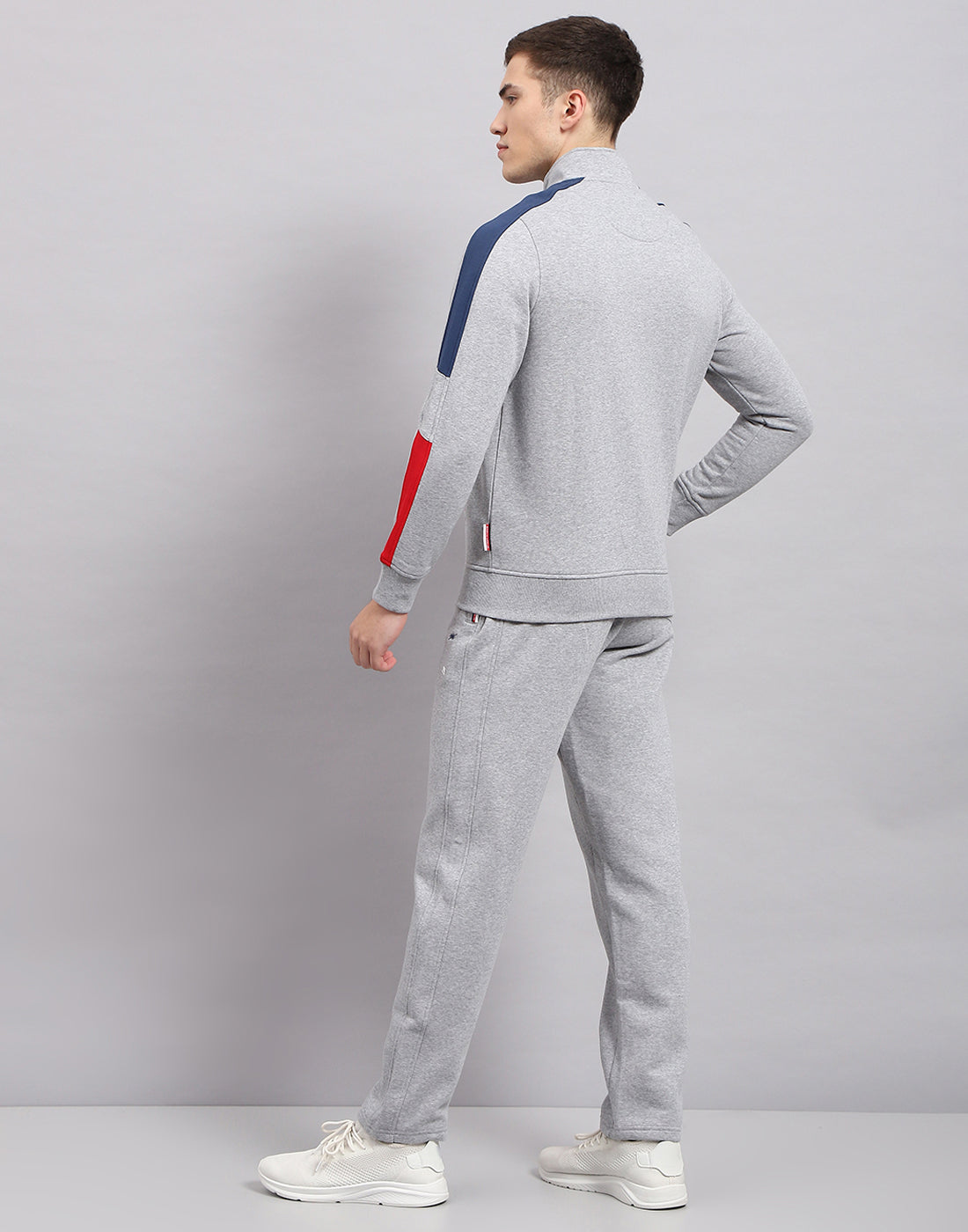 Men Grey Self Design Mock Neck Full Sleeve Winter Tracksuit