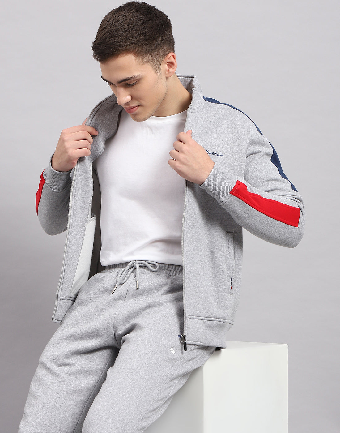 Men Grey Self Design Mock Neck Full Sleeve Winter Tracksuit