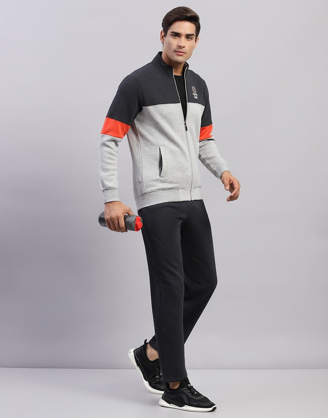 Men Grey Printed Mock Neck Full Sleeve Winter Tracksuit