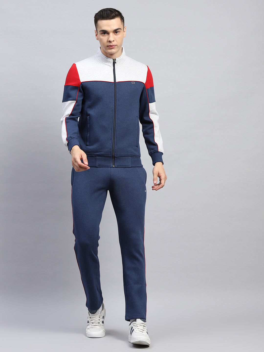 Men Blue Solid Mock Neck Full Sleeve Winter Tracksuit