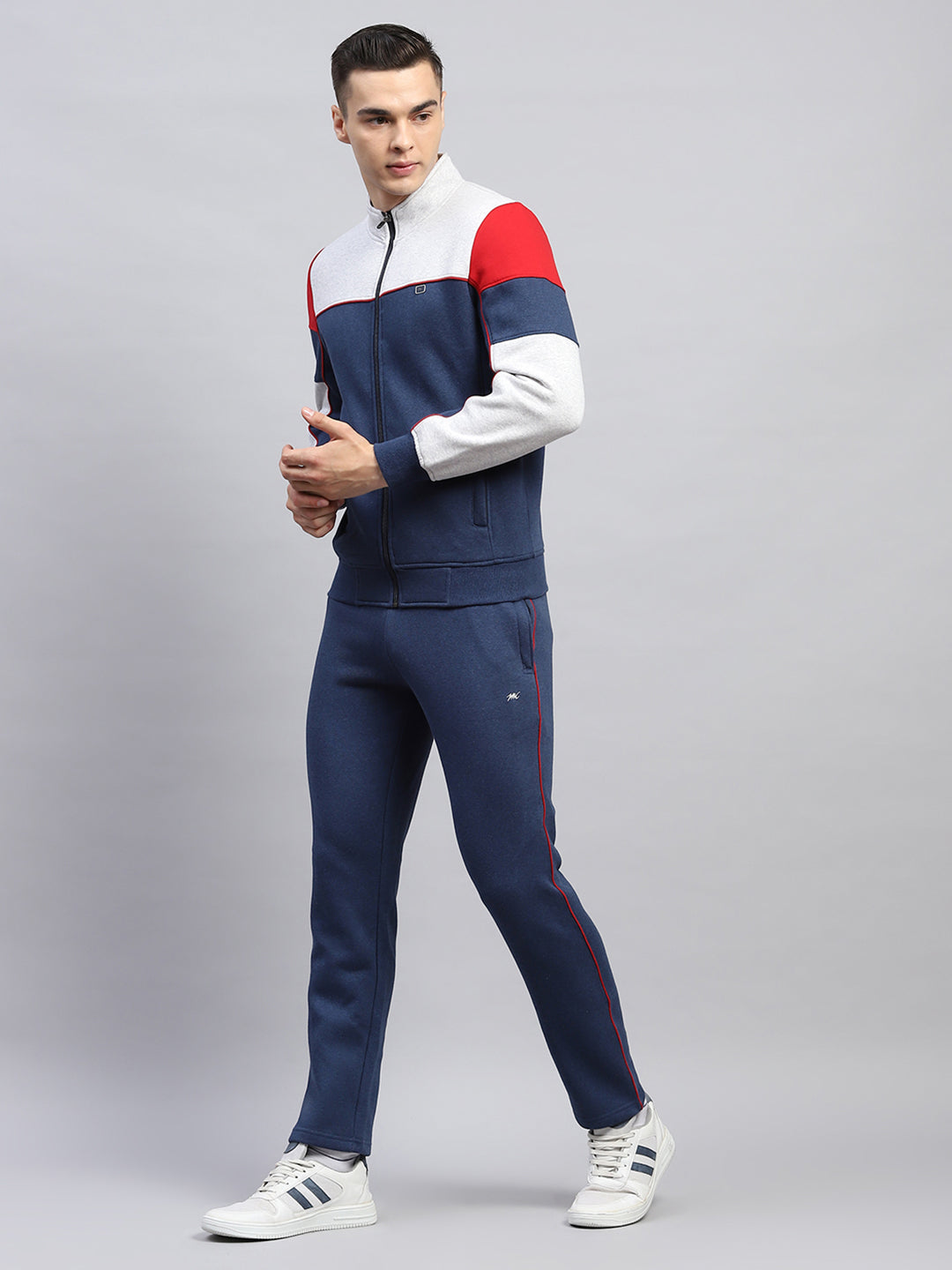 Men Blue Solid Mock Neck Full Sleeve Winter Tracksuit