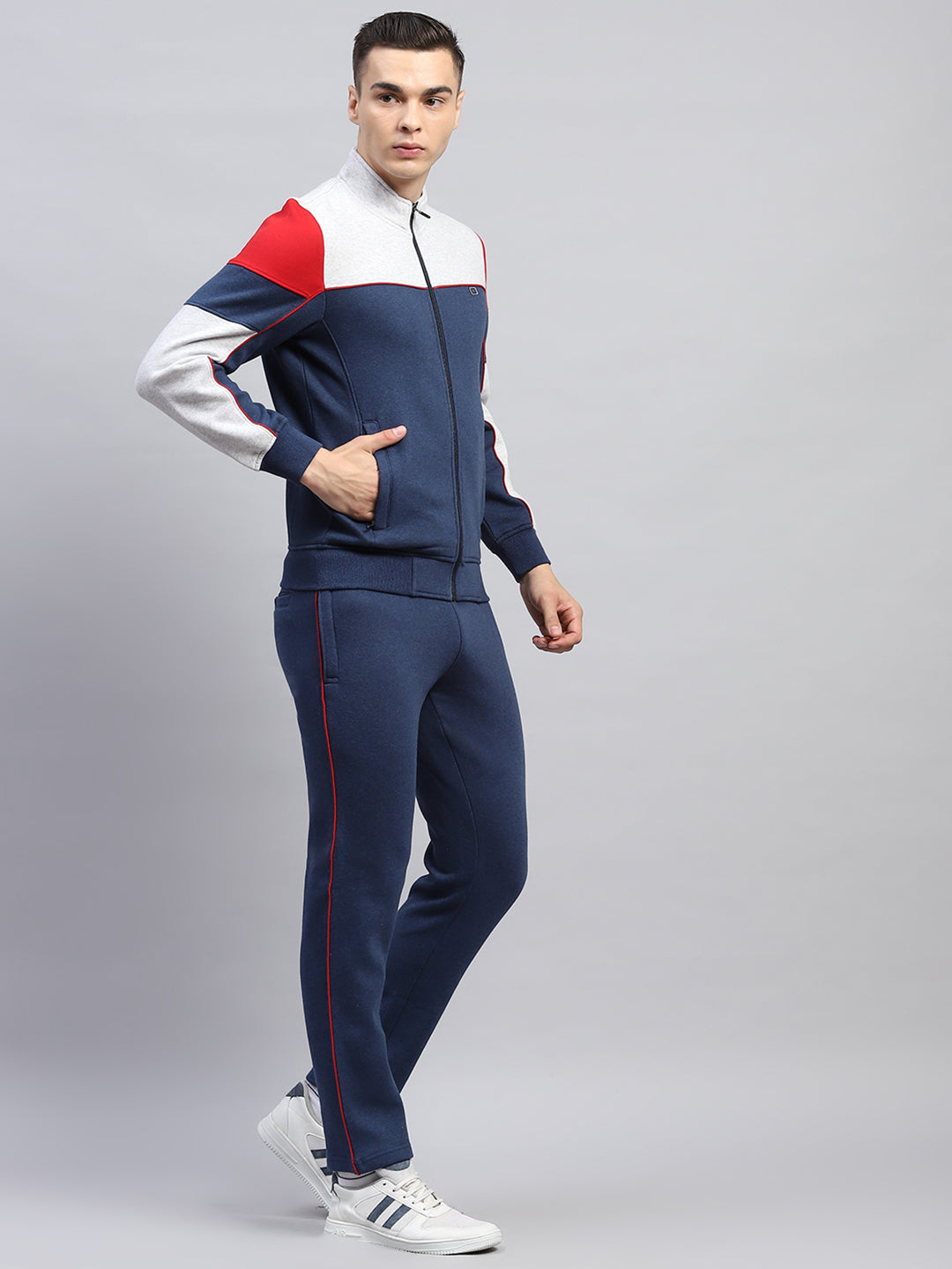 Men Blue Solid Mock Neck Full Sleeve Winter Tracksuit