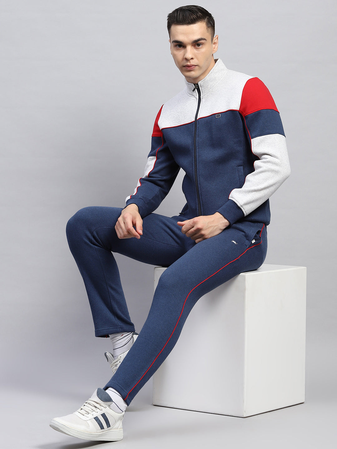 Men Blue Solid Mock Neck Full Sleeve Winter Tracksuit