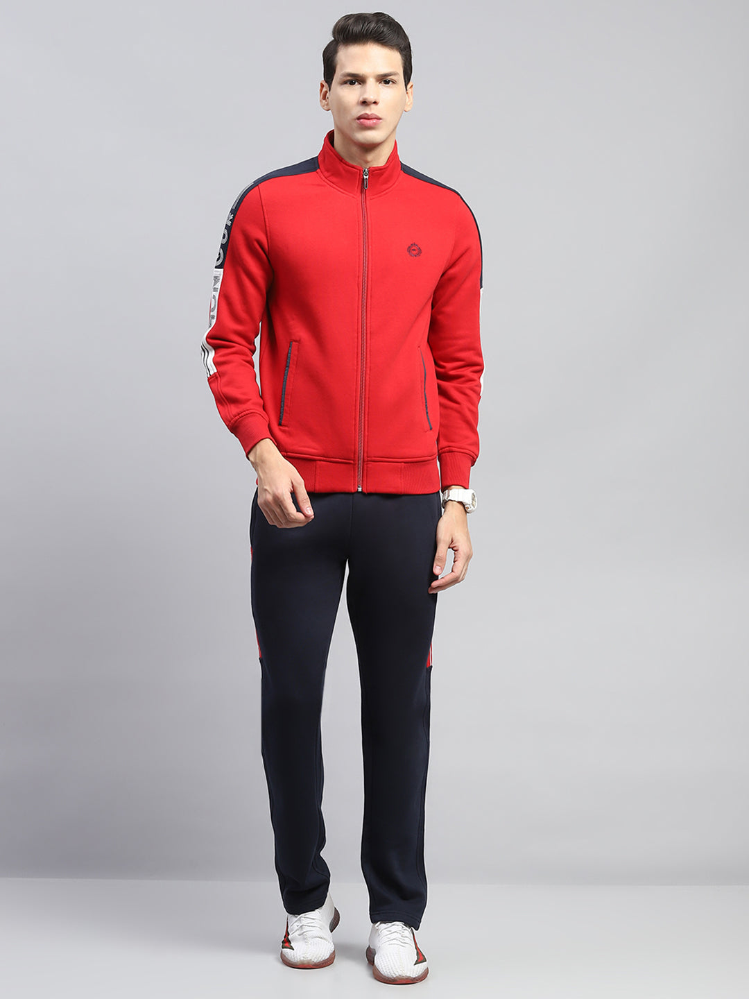 Men Red Printed Mock Neck Full Sleeve Winter Tracksuit