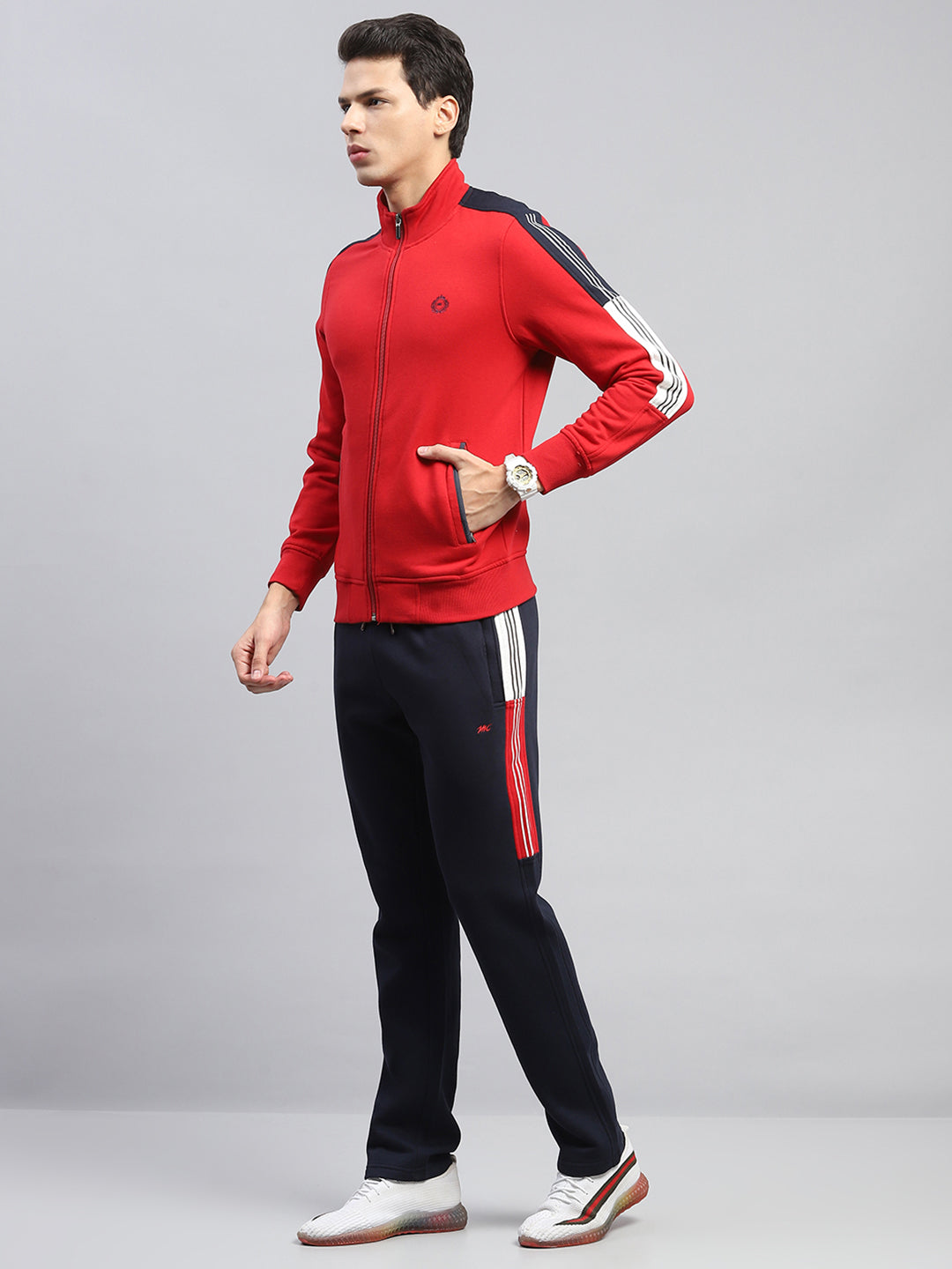 Men Red Printed Mock Neck Full Sleeve Winter Tracksuit