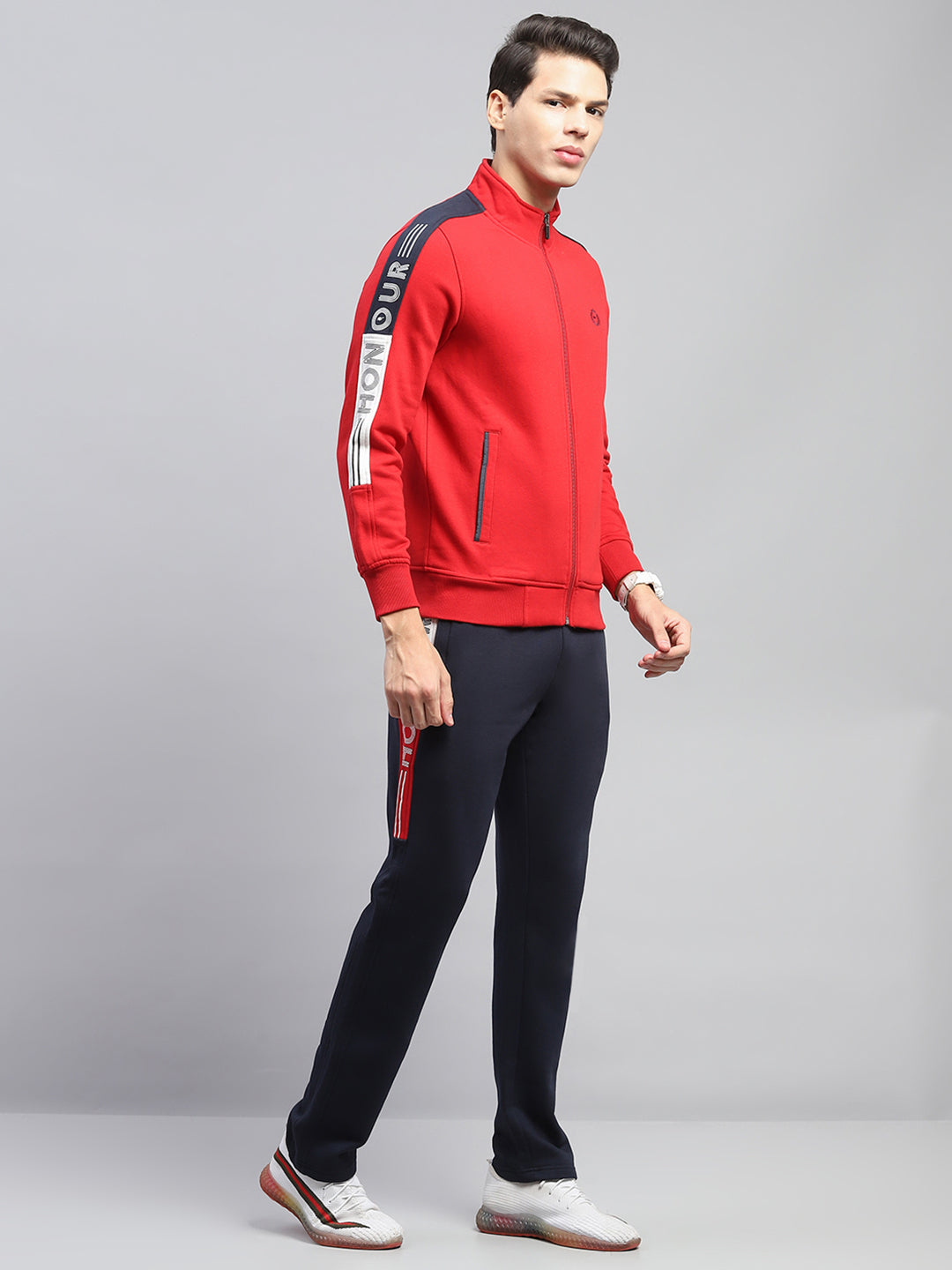 Men Red Printed Mock Neck Full Sleeve Winter Tracksuit