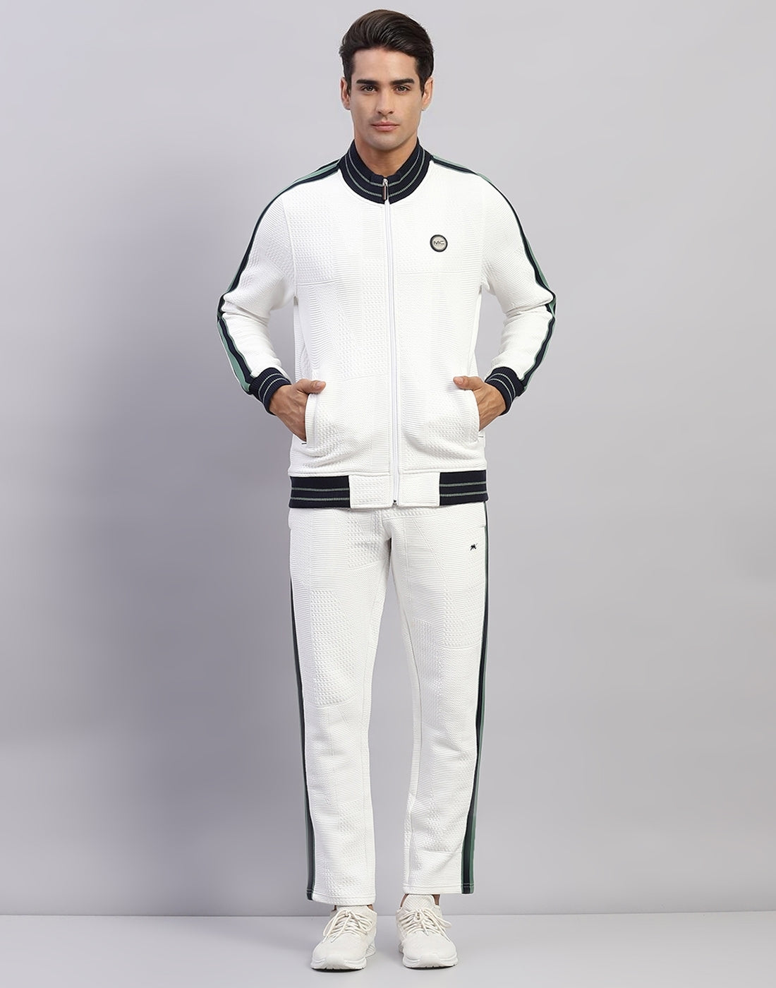 Men White Self Design Mock Neck Full Sleeve Winter Tracksuit