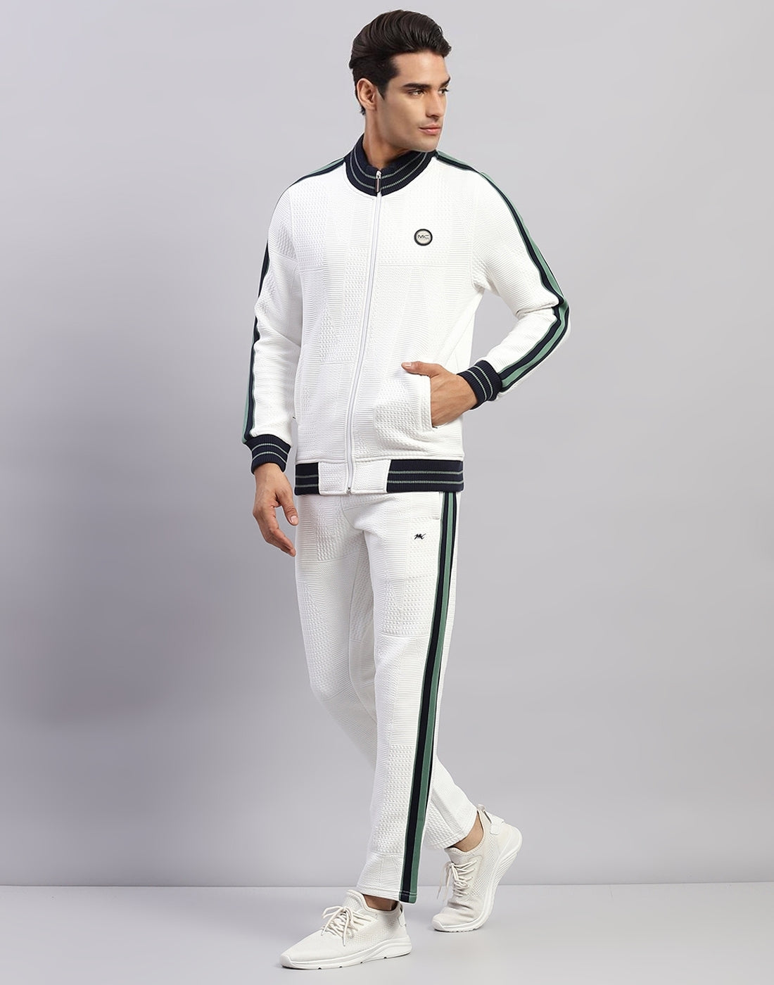 Men White Self Design Mock Neck Full Sleeve Winter Tracksuit