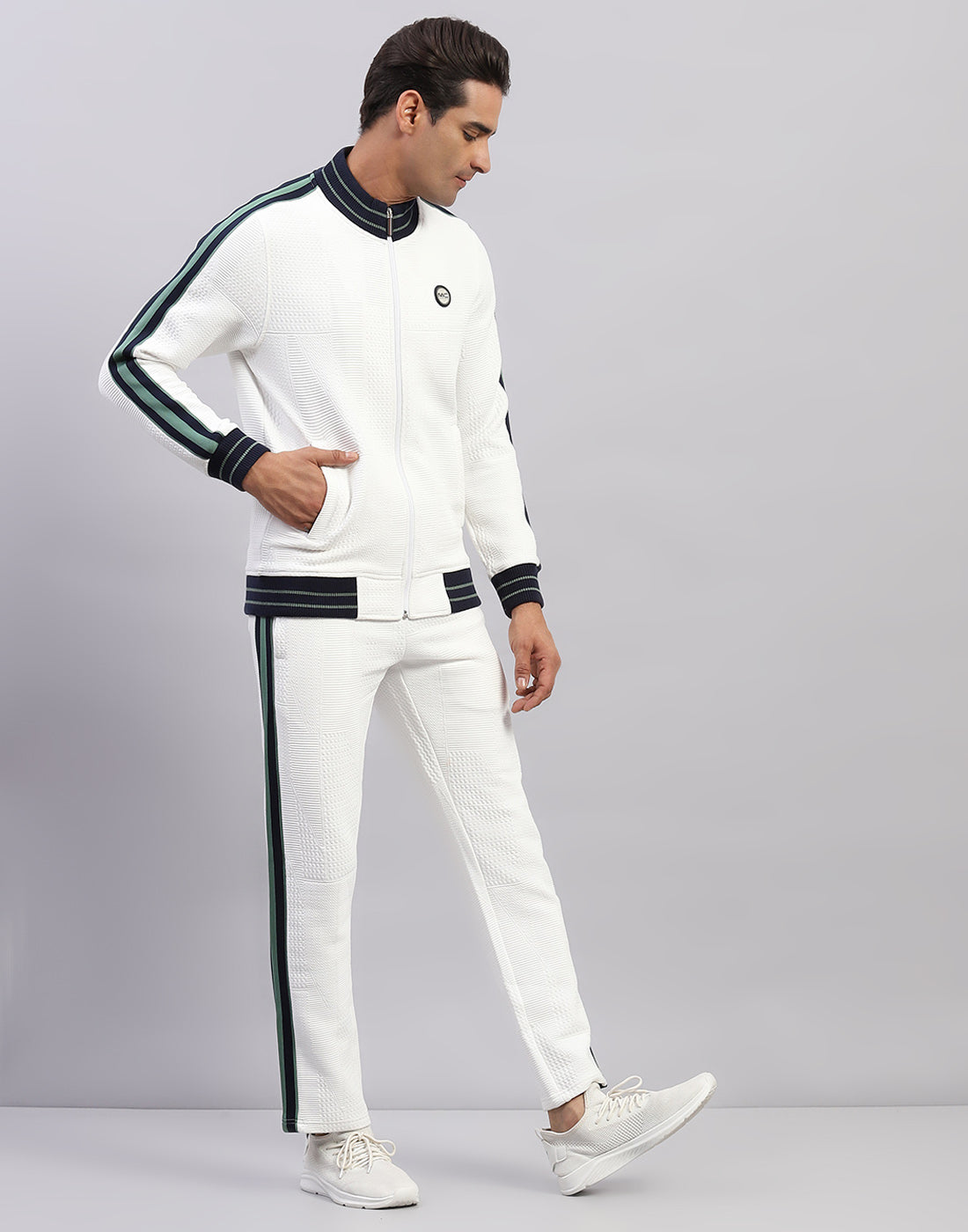 Men White Self Design Mock Neck Full Sleeve Winter Tracksuit