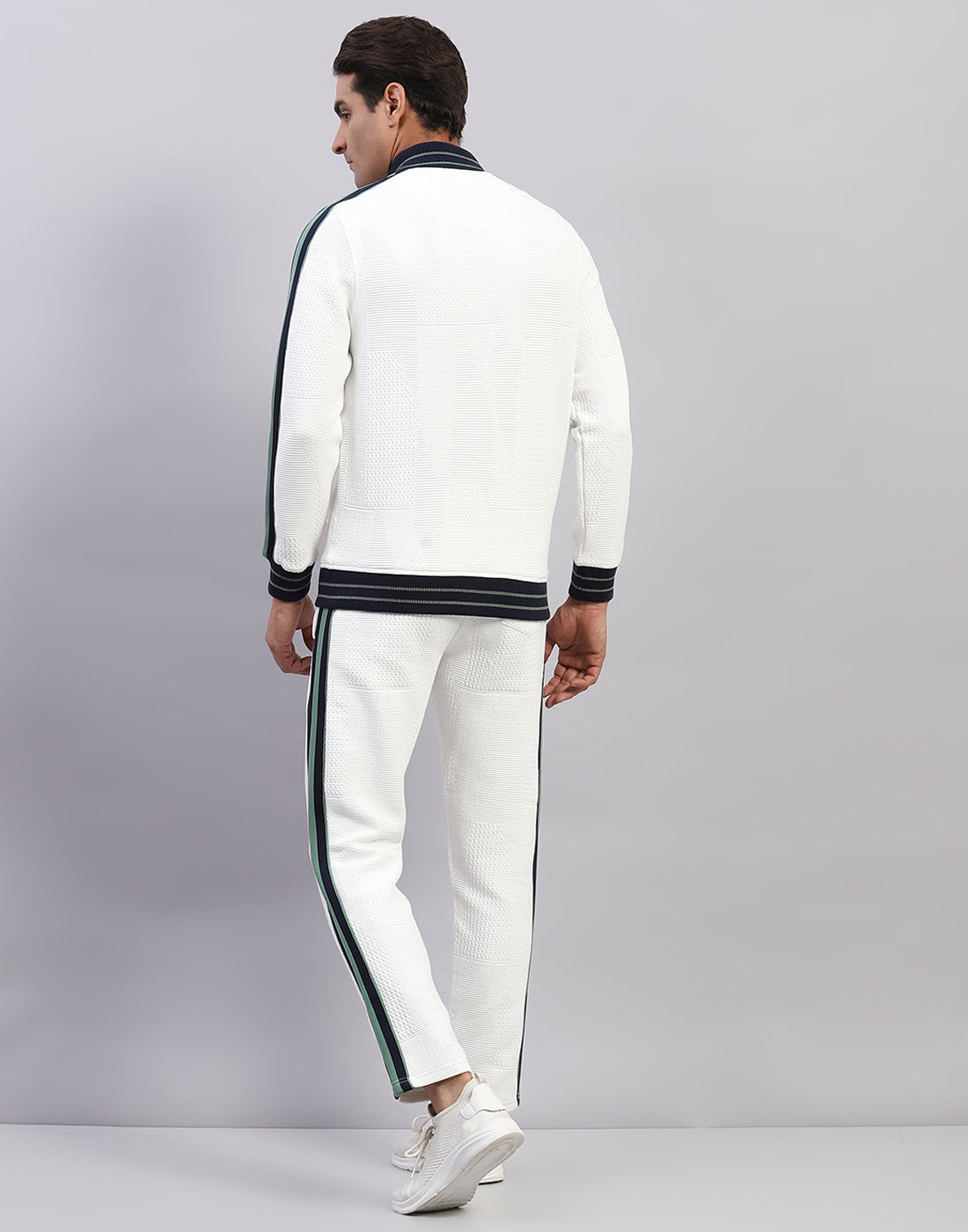 Men White Self Design Mock Neck Full Sleeve Winter Tracksuit