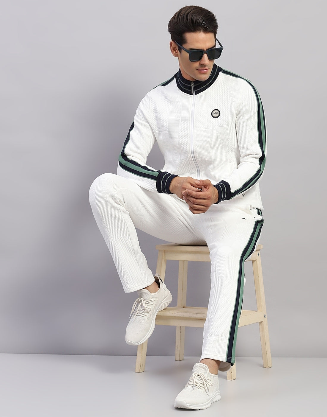 Men White Self Design Mock Neck Full Sleeve Winter Tracksuit