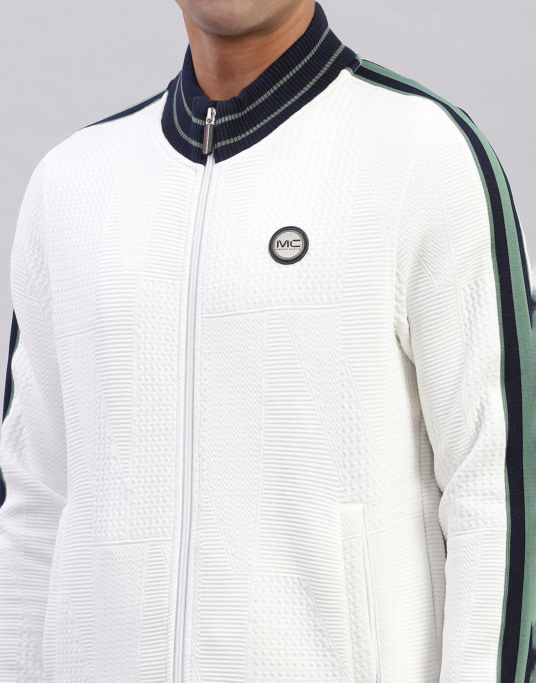 Men White Self Design Mock Neck Full Sleeve Winter Tracksuit