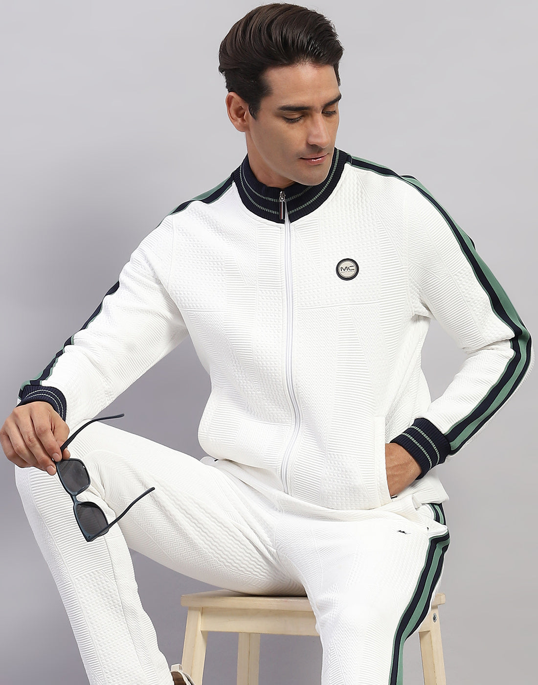 Men White Self Design Mock Neck Full Sleeve Winter Tracksuit