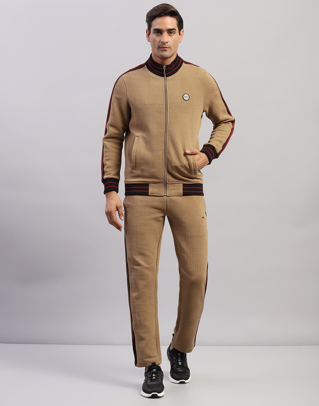 Men Brown Self Design Mock Neck Full Sleeve Winter Tracksuit