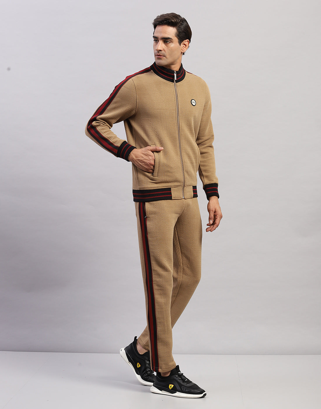 Men Brown Self Design Mock Neck Full Sleeve Winter Tracksuit