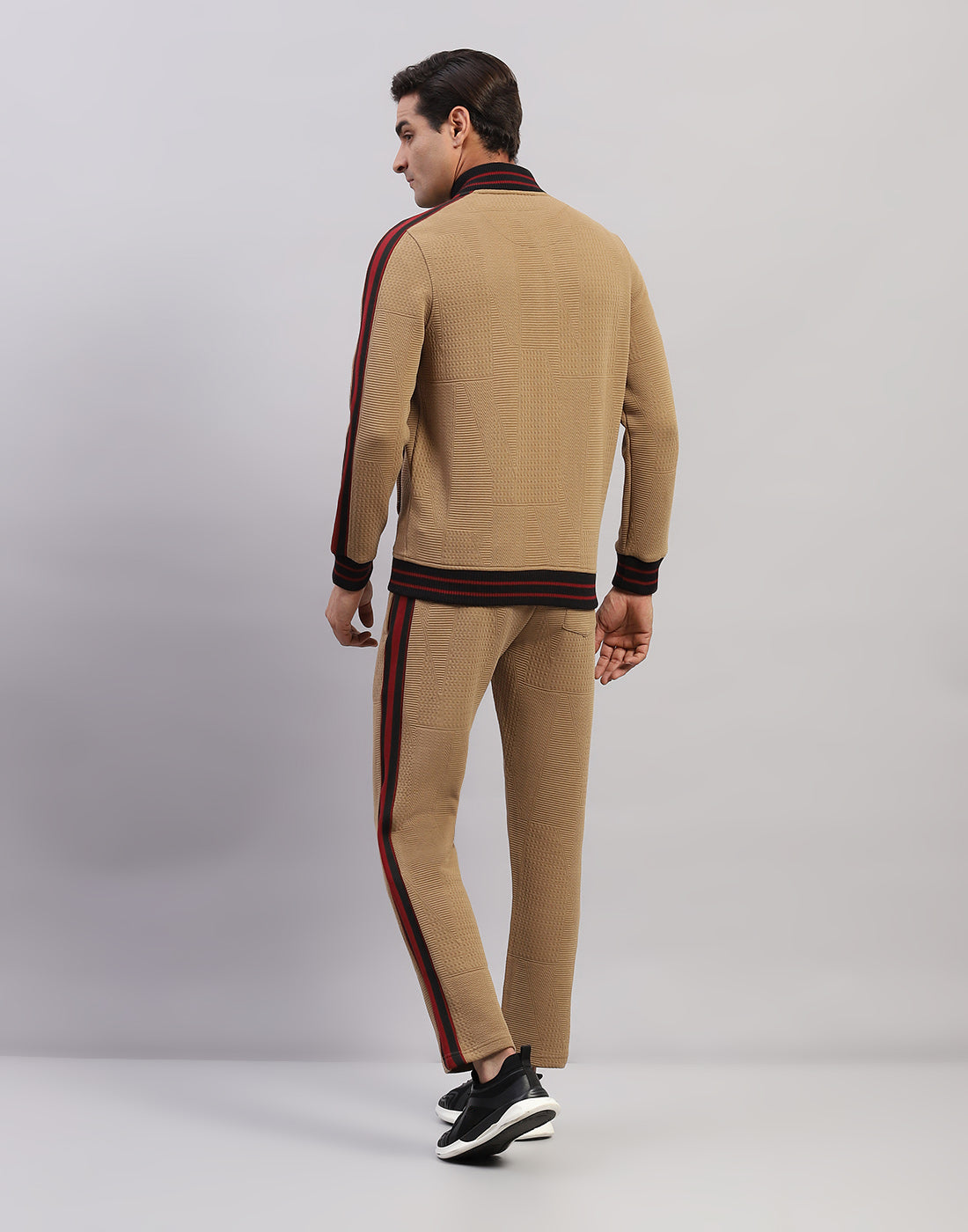 Men Brown Self Design Mock Neck Full Sleeve Winter Tracksuit