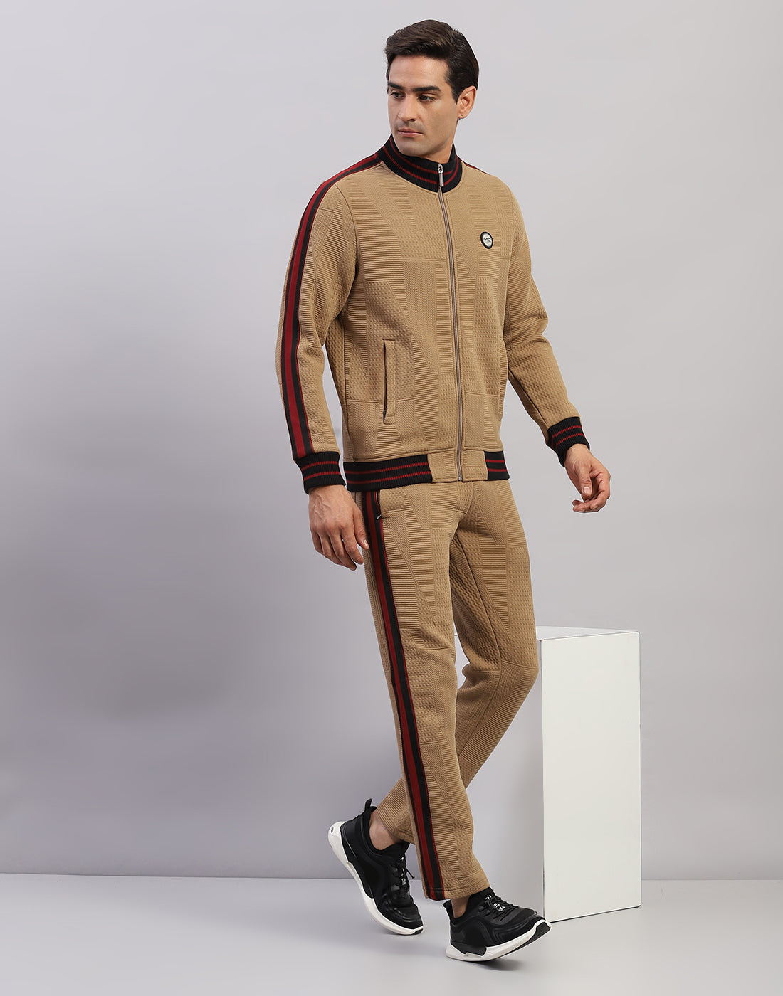 Men Brown Self Design Mock Neck Full Sleeve Winter Tracksuit