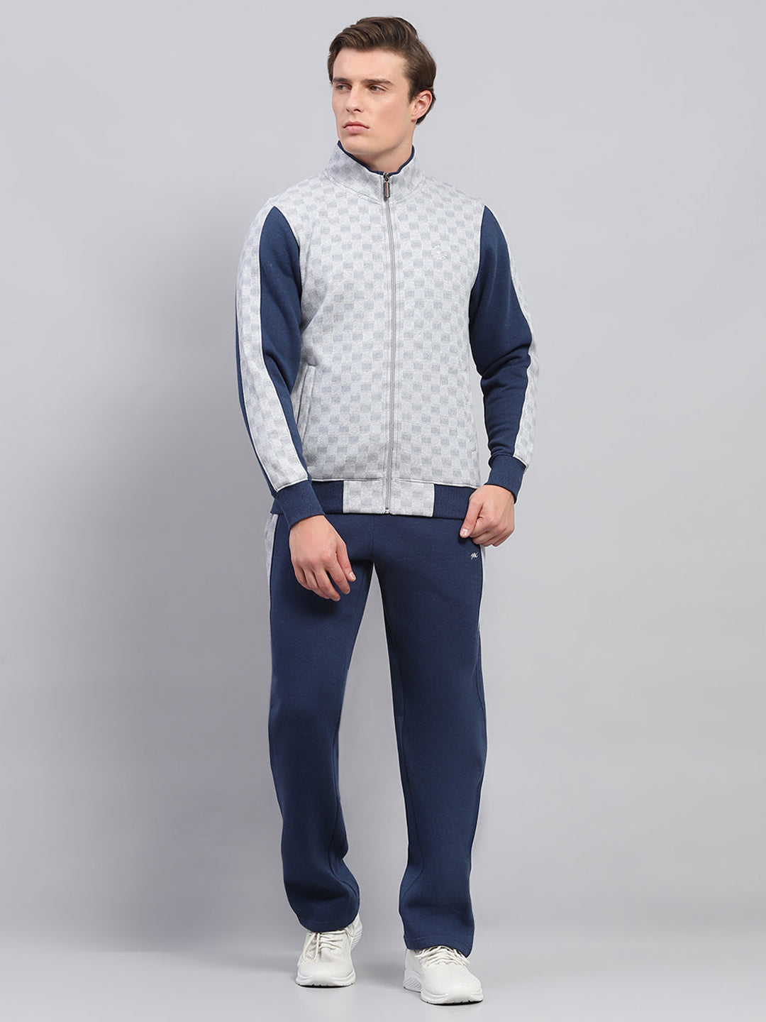 Men Blue Printed Mock Neck Full Sleeve Winter Tracksuit