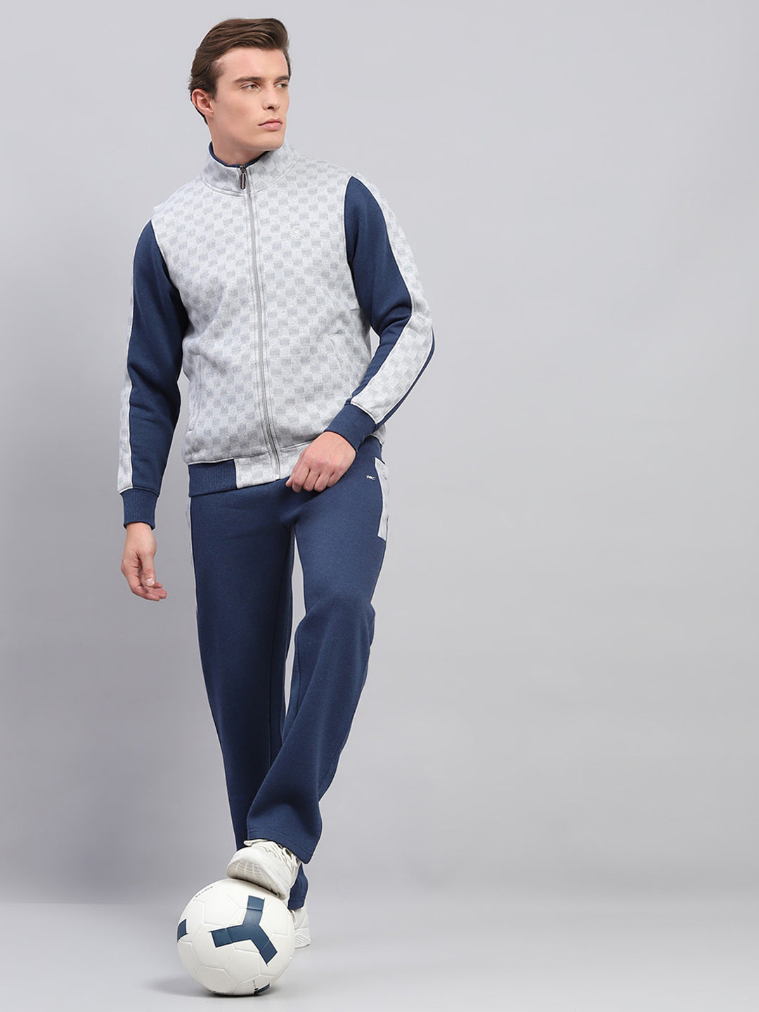 Men Blue Printed Mock Neck Full Sleeve Winter Tracksuit