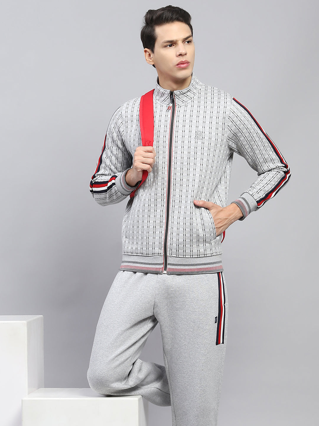 Men Grey Printed Mock Neck Full Sleeve Winter Tracksuit