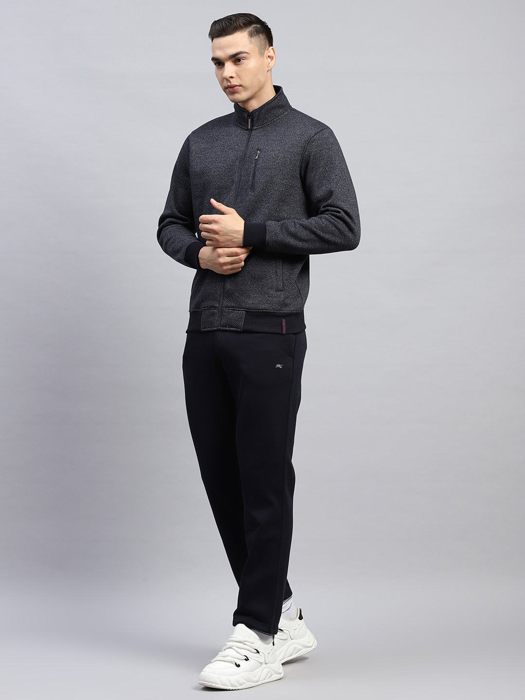 Men Navy Blue Self Design Mock Neck Full Sleeve Winter Tracksuit