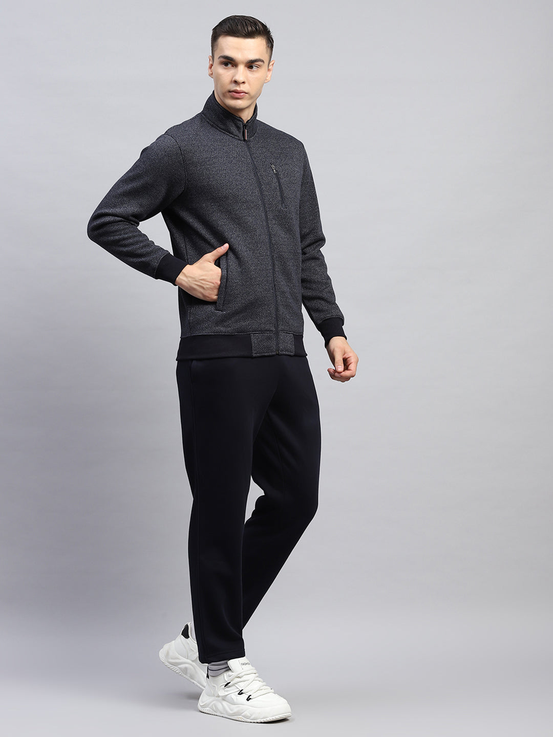 Men Navy Blue Self Design Mock Neck Full Sleeve Winter Tracksuit