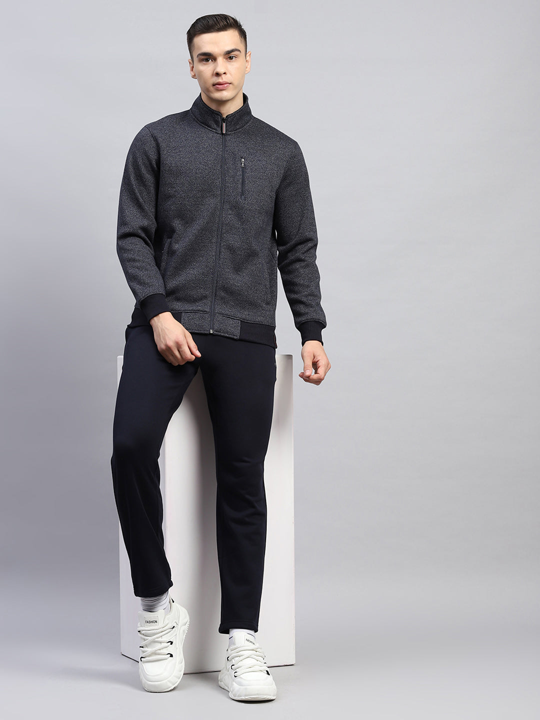 Men Navy Blue Self Design Mock Neck Full Sleeve Winter Tracksuit