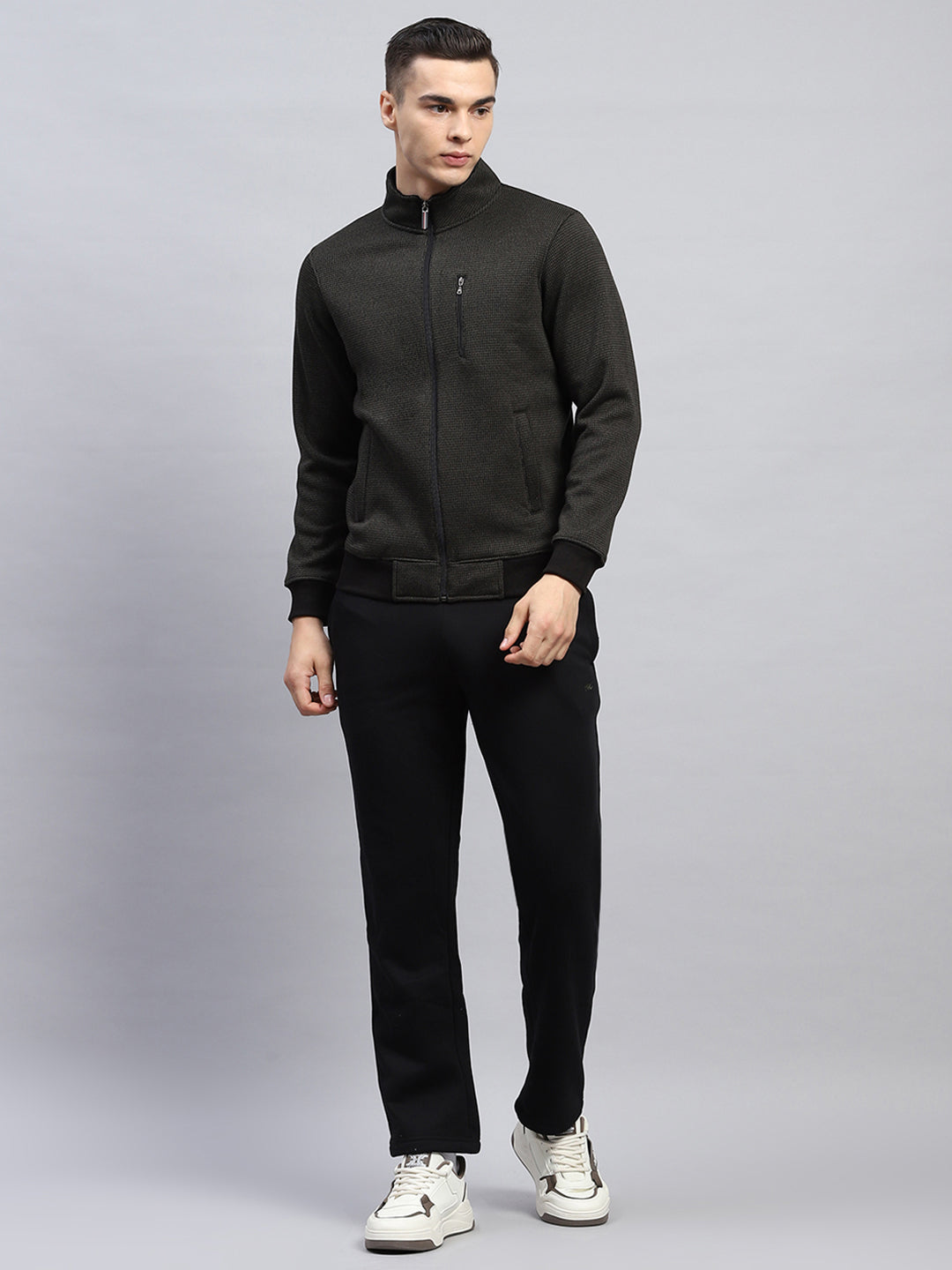 Men Black Self Design Mock Neck Full Sleeve Winter Tracksuit