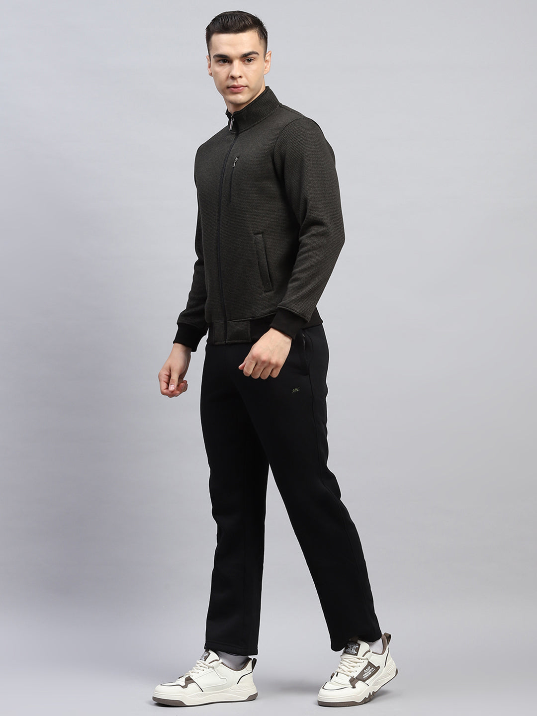 Men Black Self Design Mock Neck Full Sleeve Winter Tracksuit