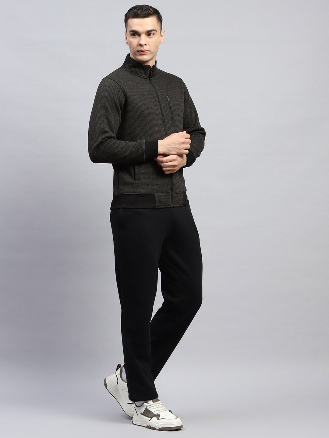 Men Black Self Design Mock Neck Full Sleeve Winter Tracksuit