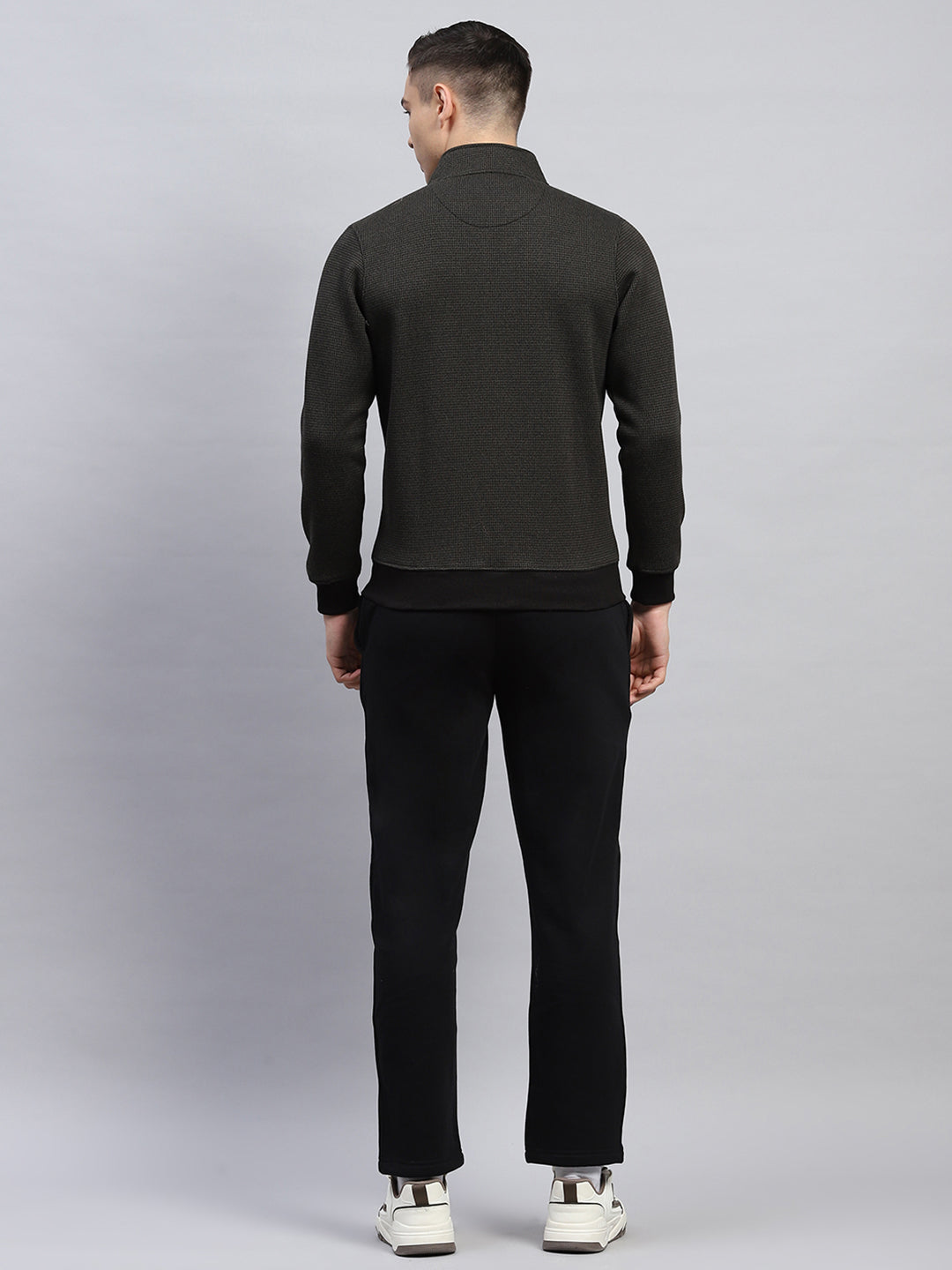 Men Black Self Design Mock Neck Full Sleeve Winter Tracksuit