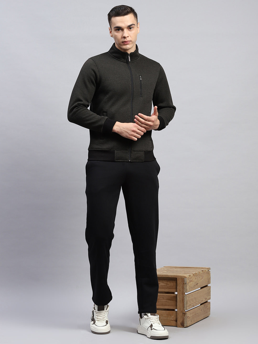 Men Black Self Design Mock Neck Full Sleeve Winter Tracksuit