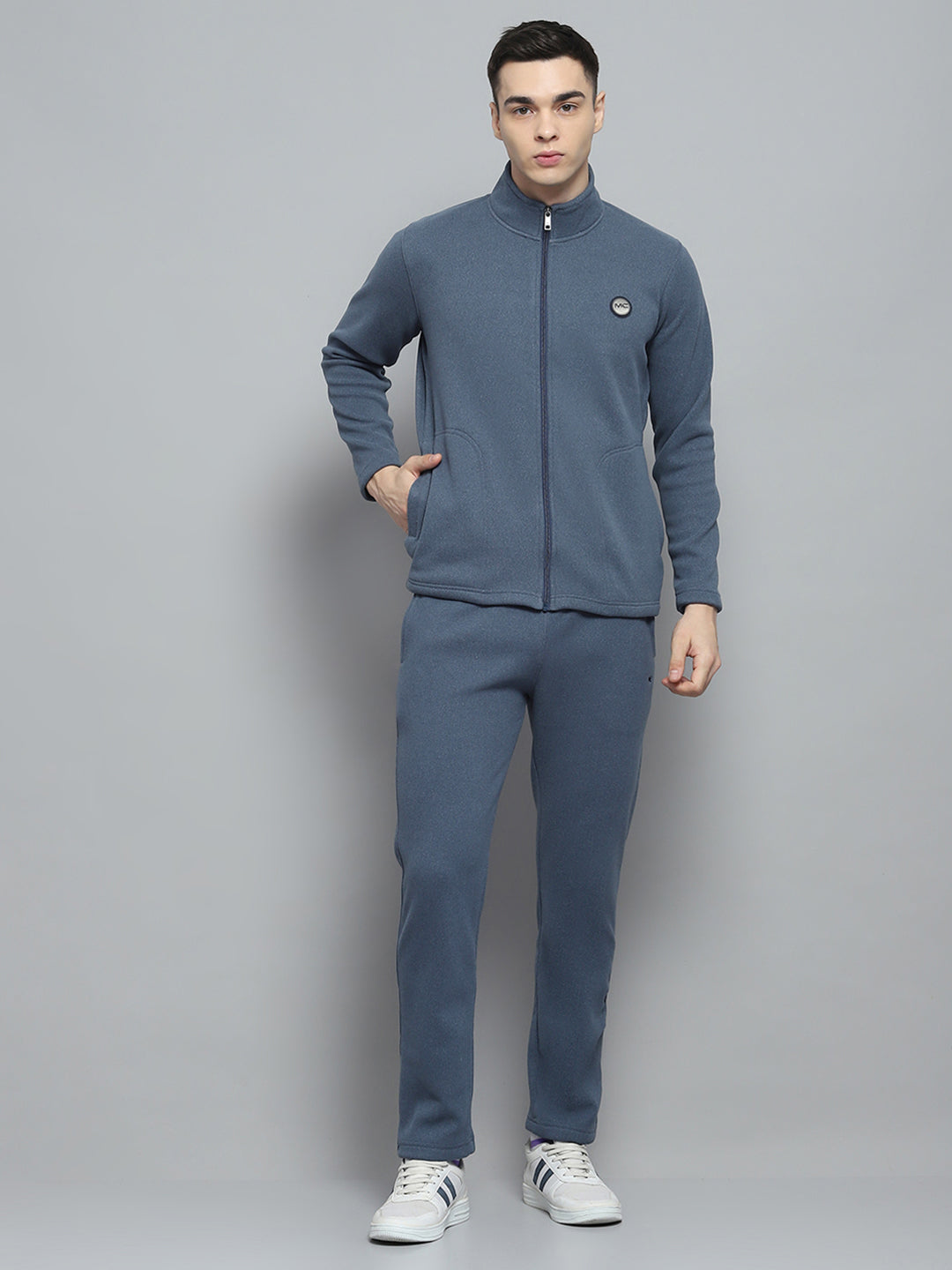 Men Blue Solid Mock Neck Full Sleeve Winter Tracksuit