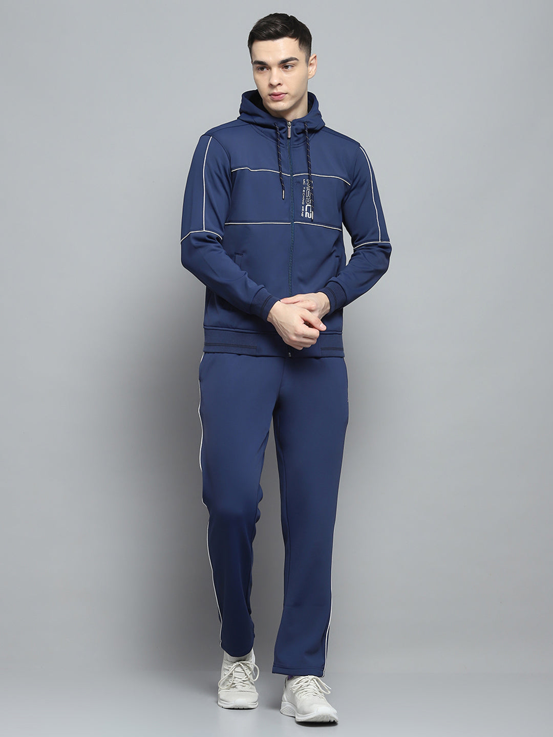 Men Blue Printed Hooded Full Sleeve Winter Tracksuit