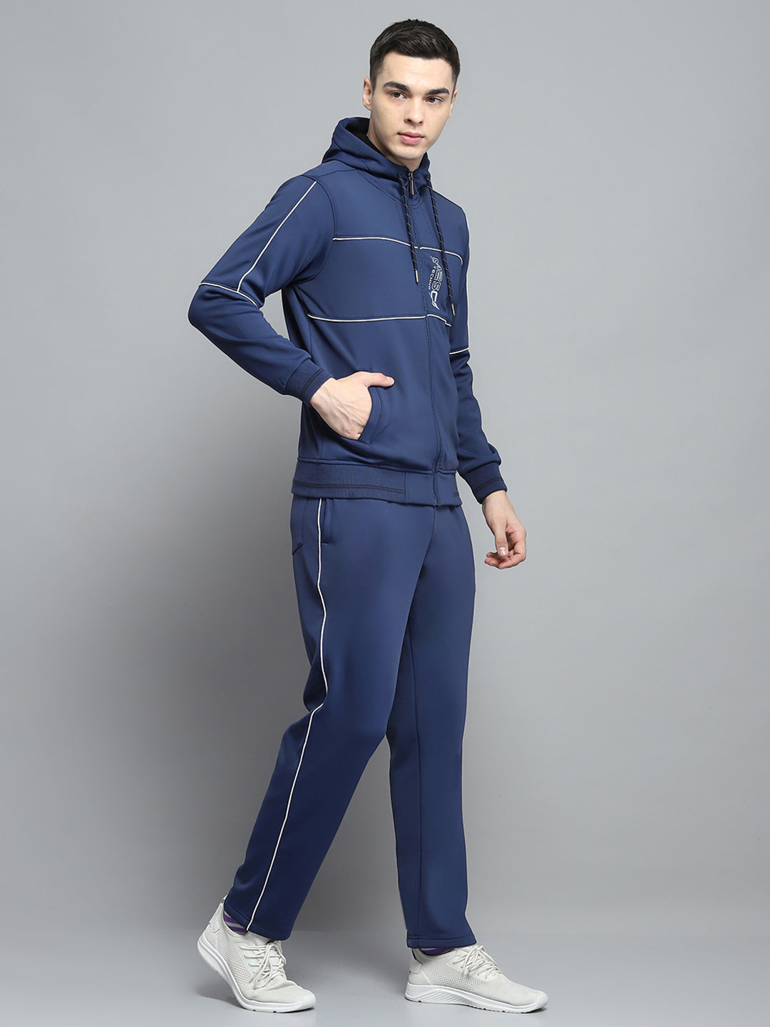 Men Blue Printed Hooded Full Sleeve Winter Tracksuit